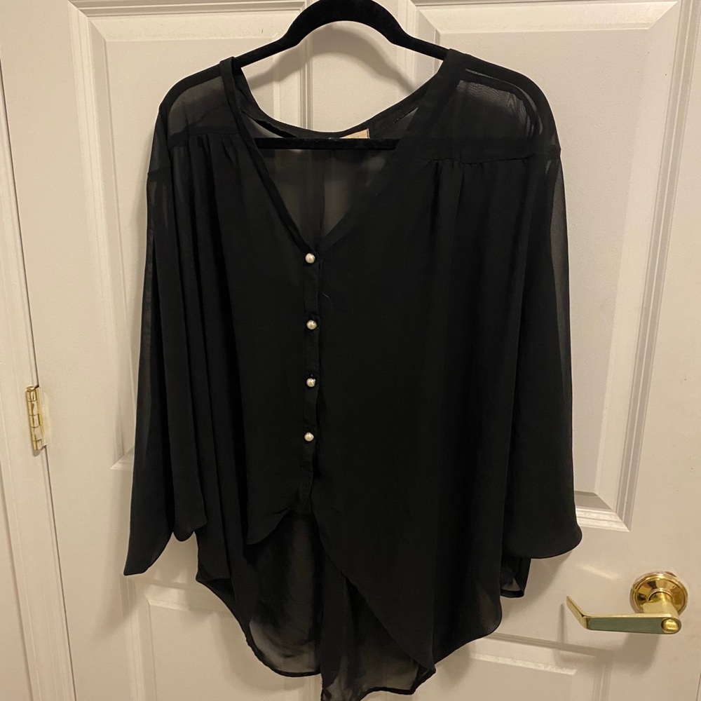 Black sheer blouse with pearl detail